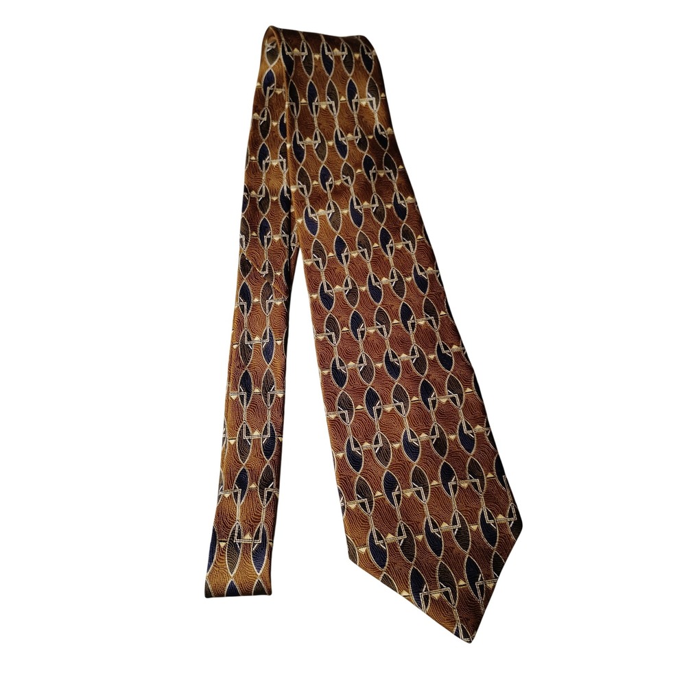 Henry Grethel Mens Silk Necktie Gold Navy Blue Geometric Pattern Made in USA
